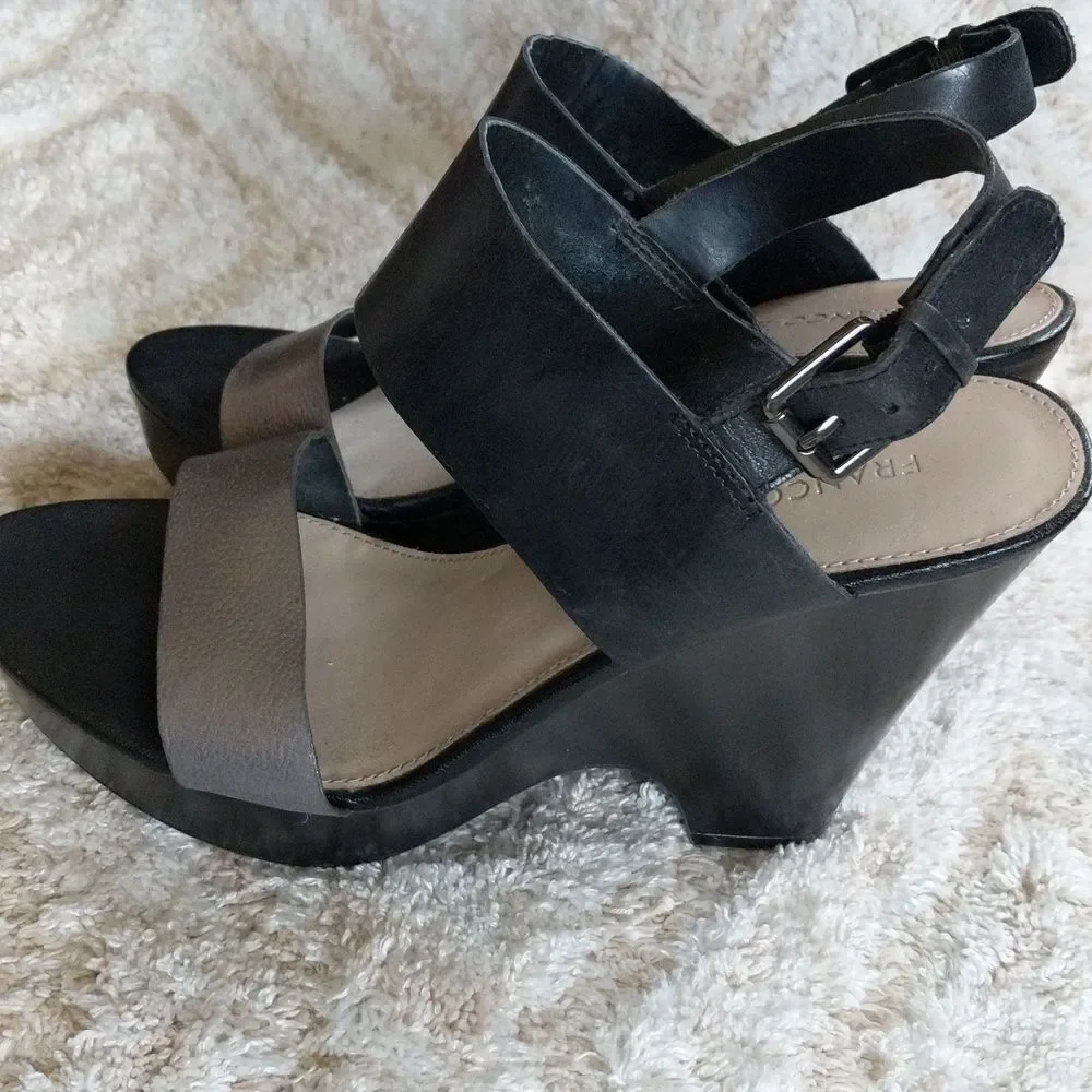 Franco Sarto Silver and Black Leather Platform Sandals